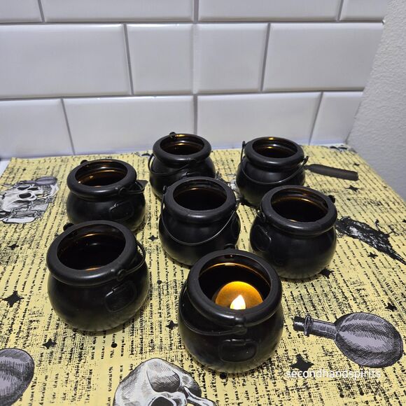 Halloween Black Witch Caldron Cauldron w/black Flickering Votive Light Set of 7 - Picture 2 of 4